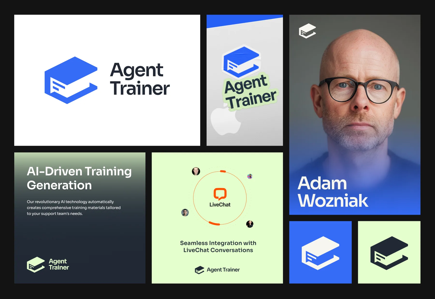 Markenidentität von Agent Trainer mit Logo, Aufkleber, Social-Media-Posts und App-Icons