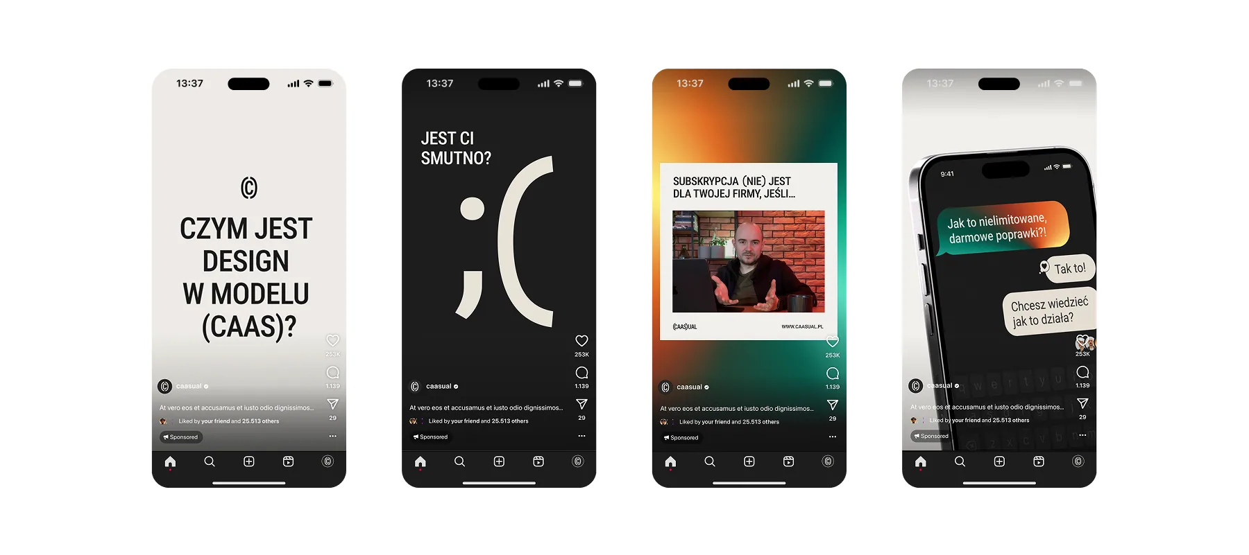 Instagram-Stories von CAASUAL über Design als Dienstleistung auf vier Smartphone-Bildschirmen
