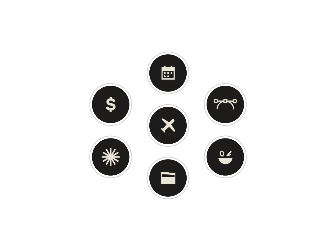 Set aus sieben runden CAASUAL-Icons in Schwarz und Creme