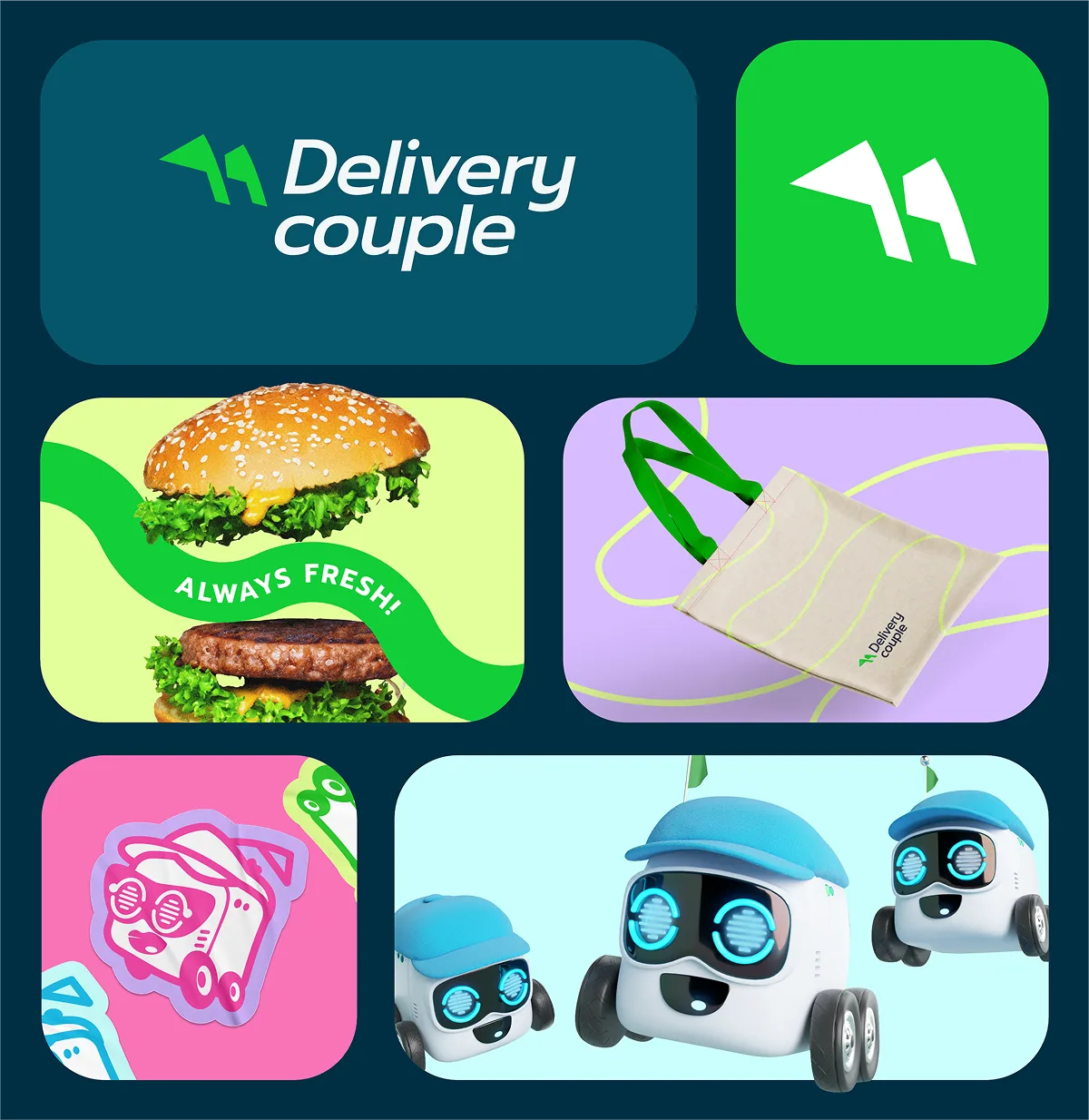 Markenidentität von Delivery Couple mit Logo, App-Icon, Plakat, Stofftasche, Aufkleber und Robotern