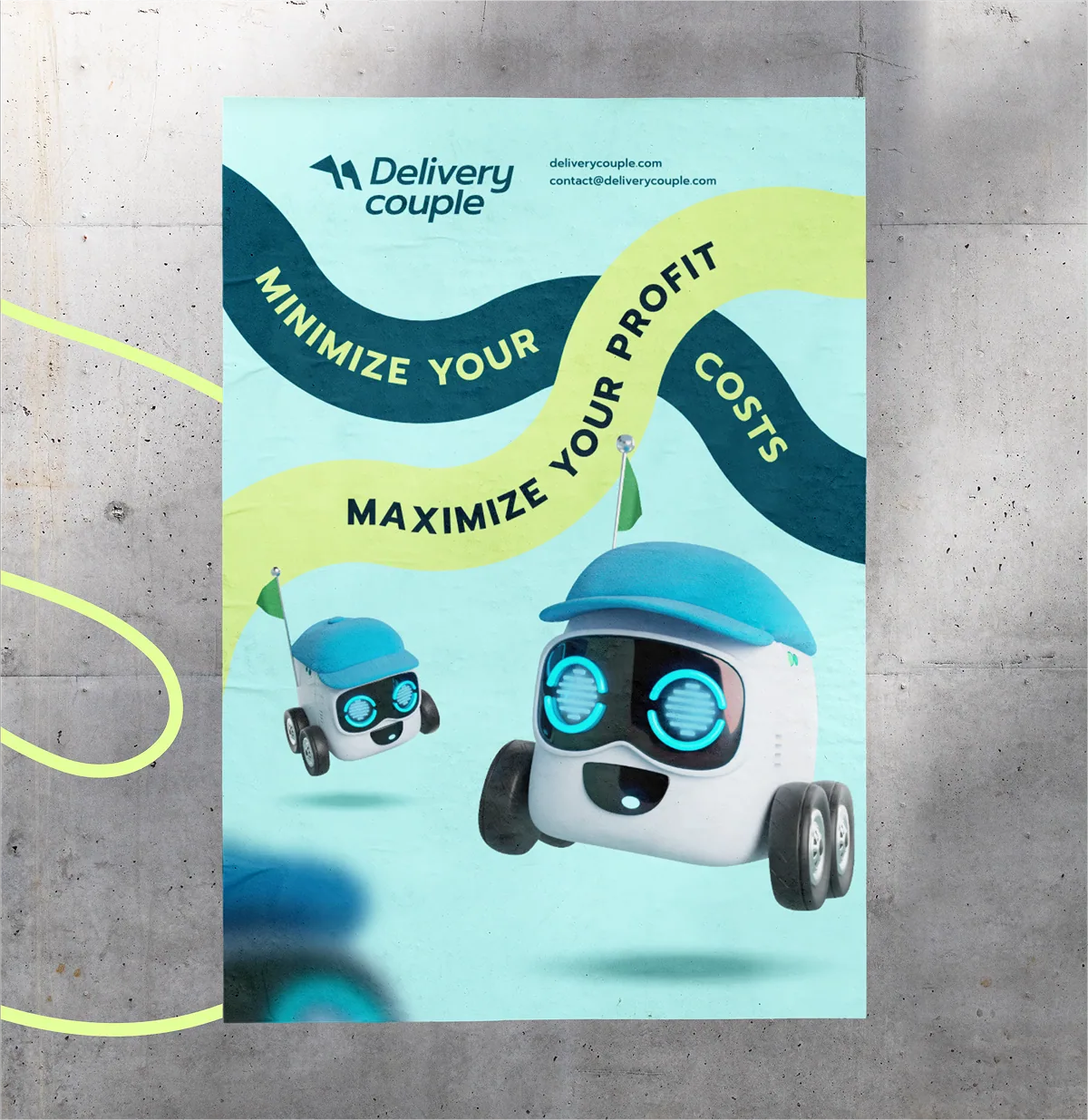 Werbeplakat von Delivery Couple mit Robotern und dem Slogan „Minimize your costs, maximize your profit“