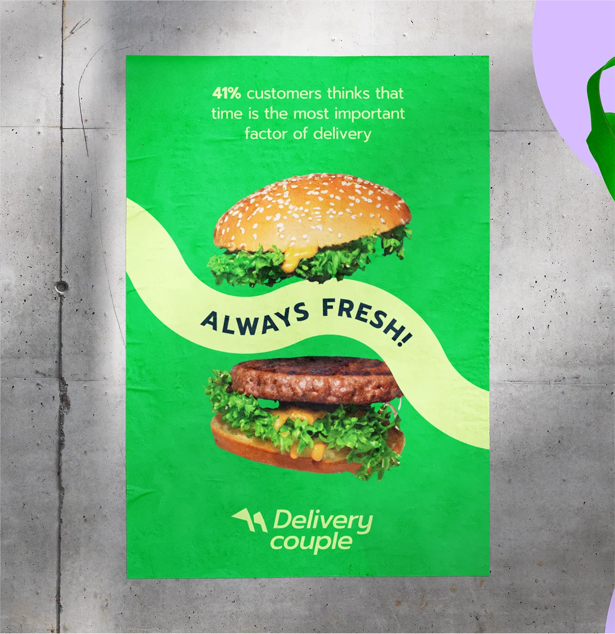 Plakat „Always Fresh!“ von Delivery Couple mit schwebendem Burger auf grünem Hintergrund