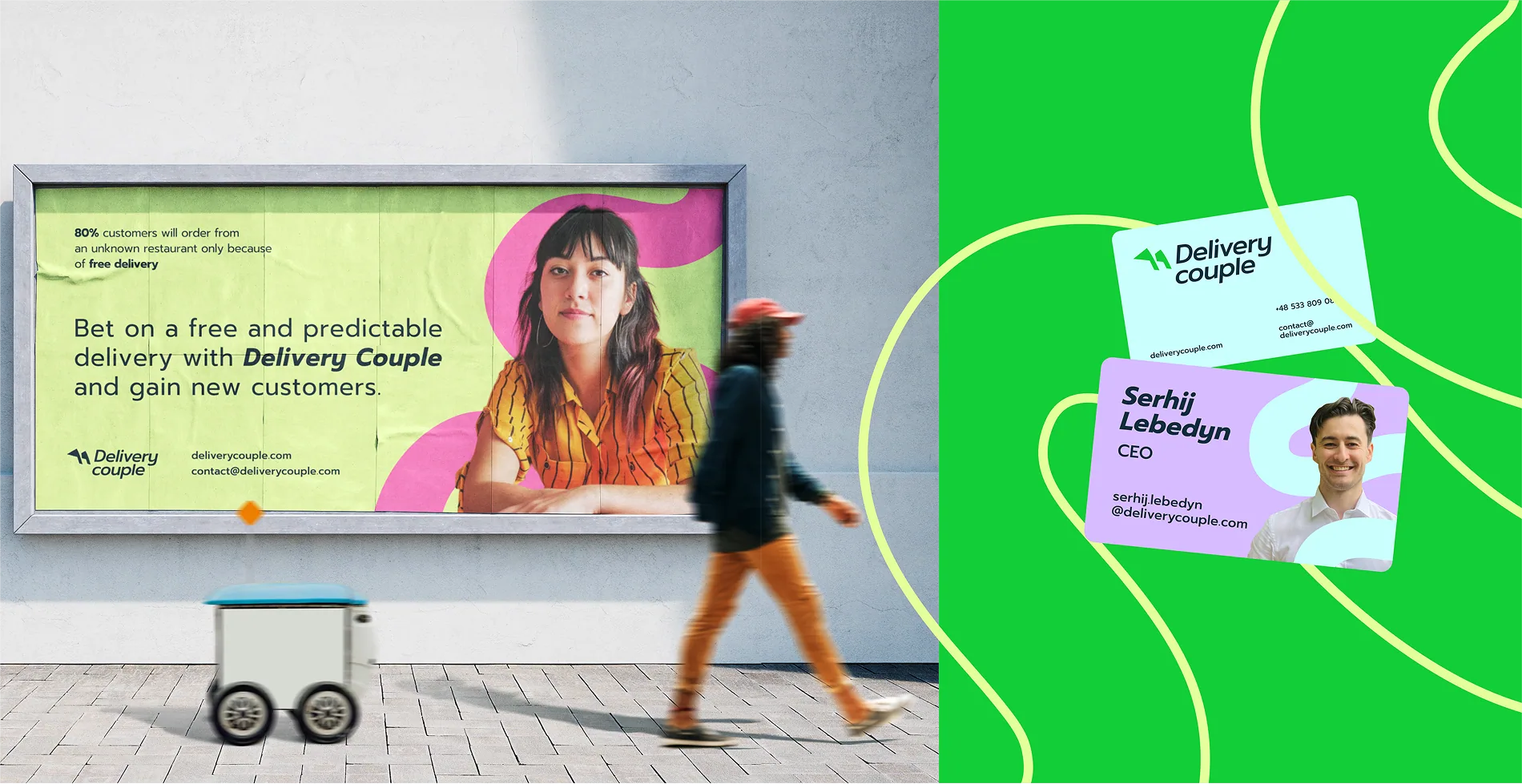 Billboard-Kampagne und Visitenkarten von Delivery Couple auf grünem Hintergrund