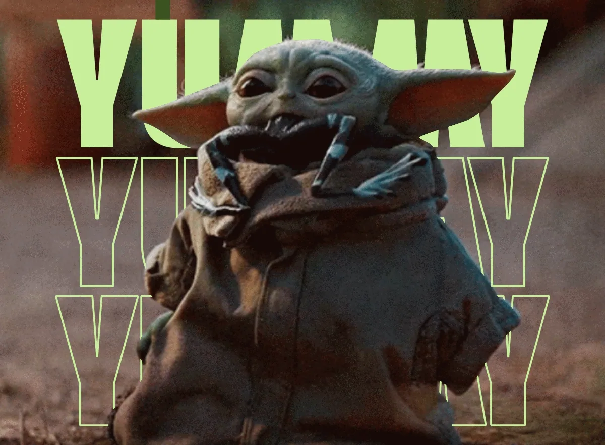 Display-Schrift Git Sans in Limettengrün über einem GIF mit Baby Yoda