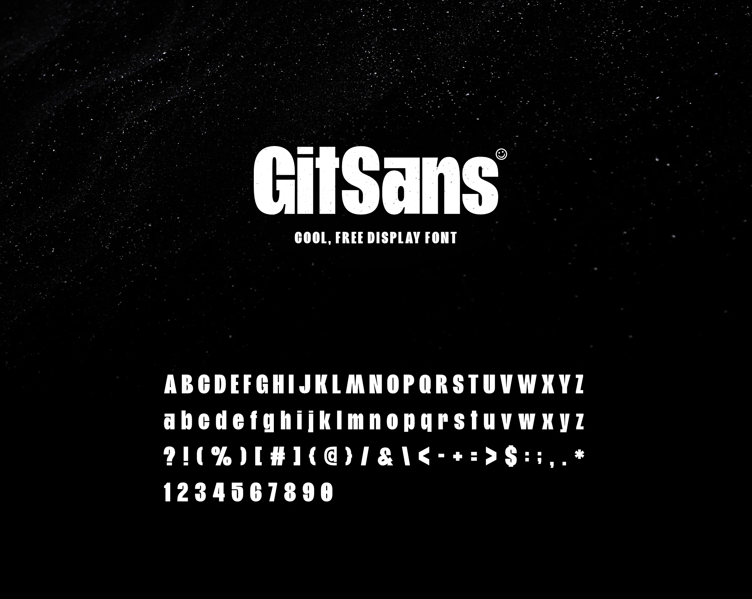 Schriftmuster der kostenlosen Display-Schrift Git Sans mit vollständigem Alphabet, Ziffern und Zeichen auf Schwarz