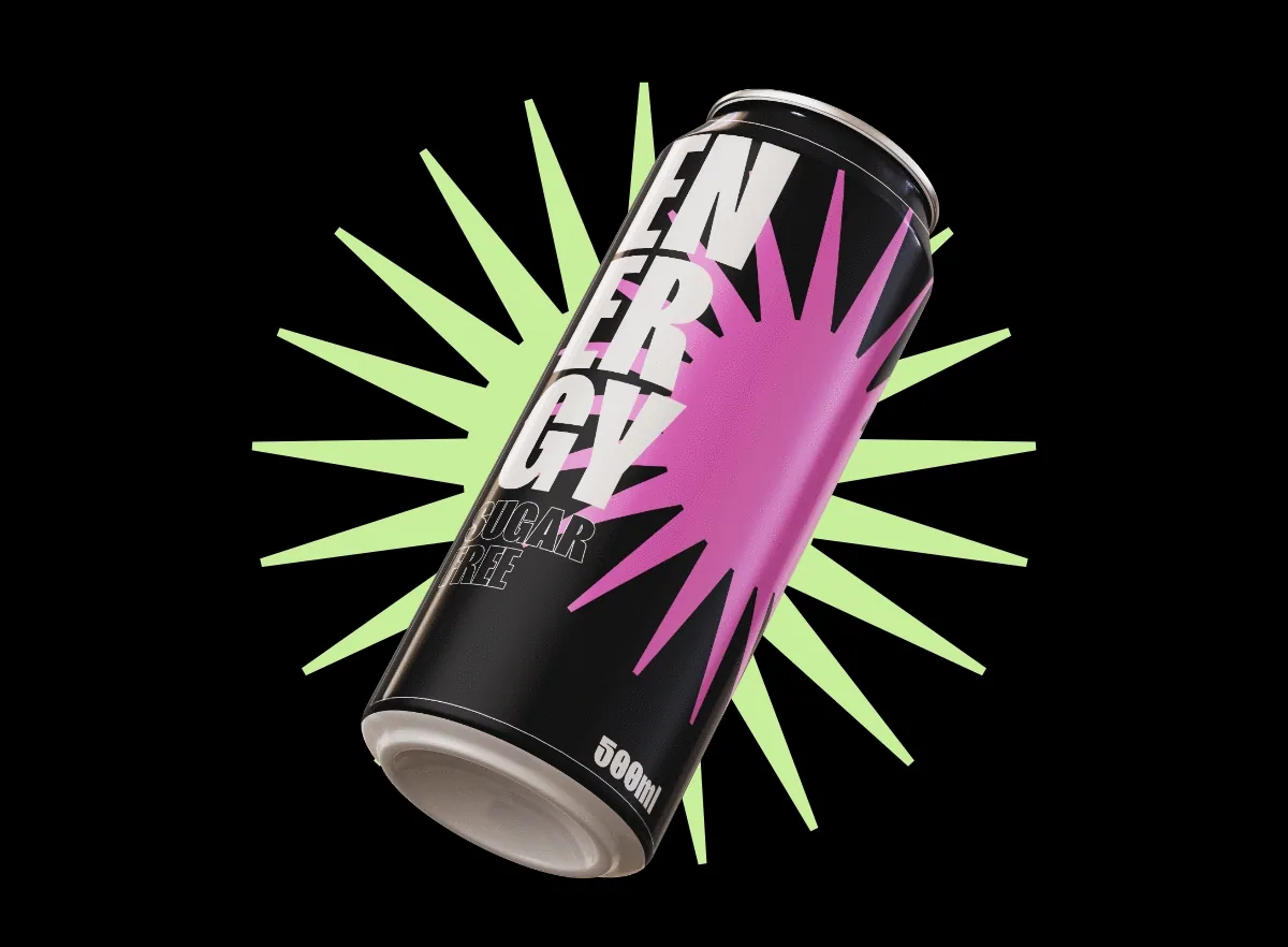 Energydrink-Dose mit Schriftzug in Git Sans und rosa Strahlenstern