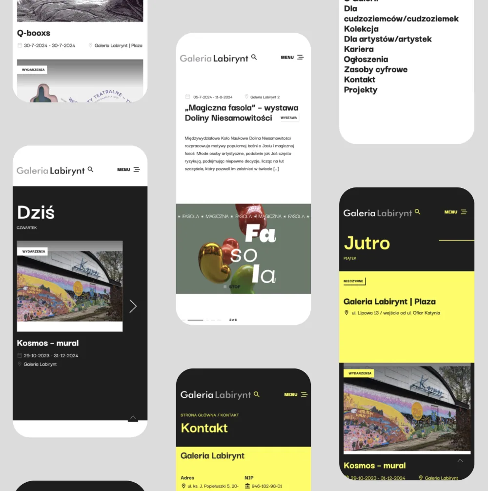 Responsive Ansichten der Website der Galeria Labirynt mit Veranstaltungskalender, Menü und Kontaktseite