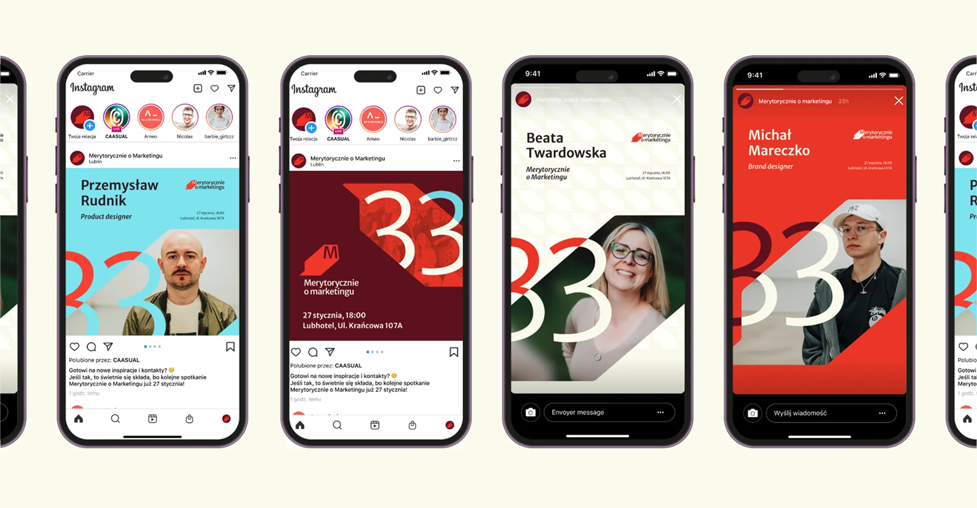 Instagram-Posts und -Stories von Merytorycznie o Marketingu mit Porträts der Vortragenden im MOM-Branding