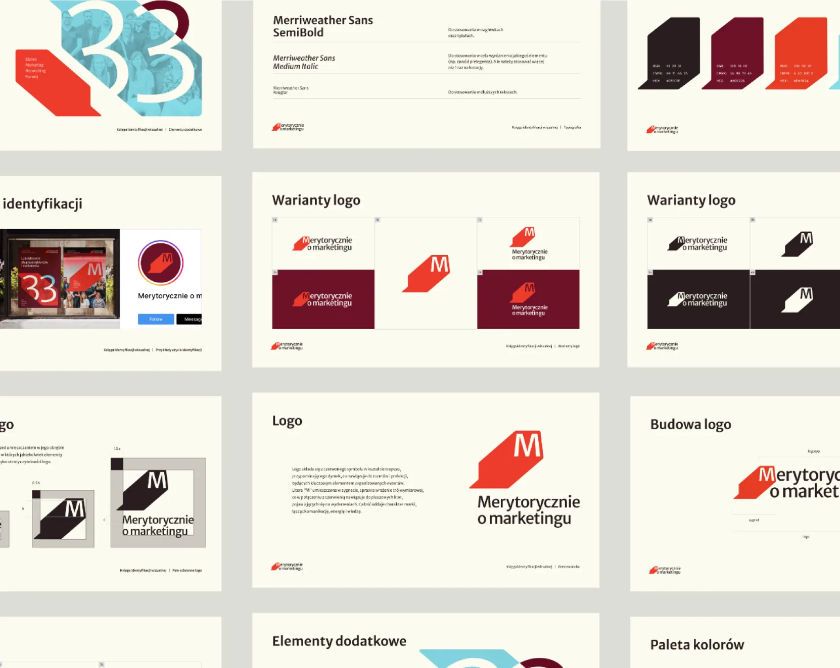 Brandbook-Seiten von Merytorycznie o Marketingu mit Logovarianten, Typografie und Farbpalette