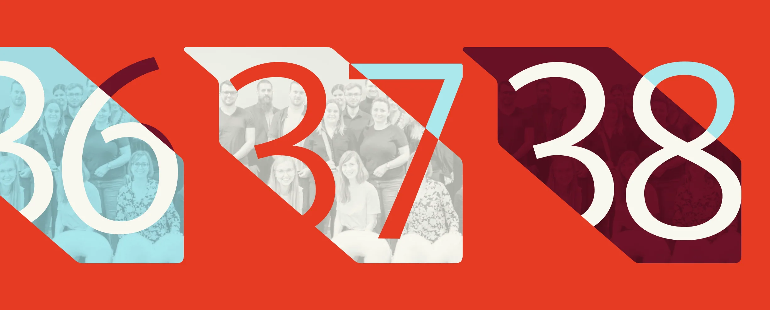 Eventgrafiken von Merytorycznie o Marketingu mit den Nummern 36, 37 und 38 in den MOM-Markenfarben