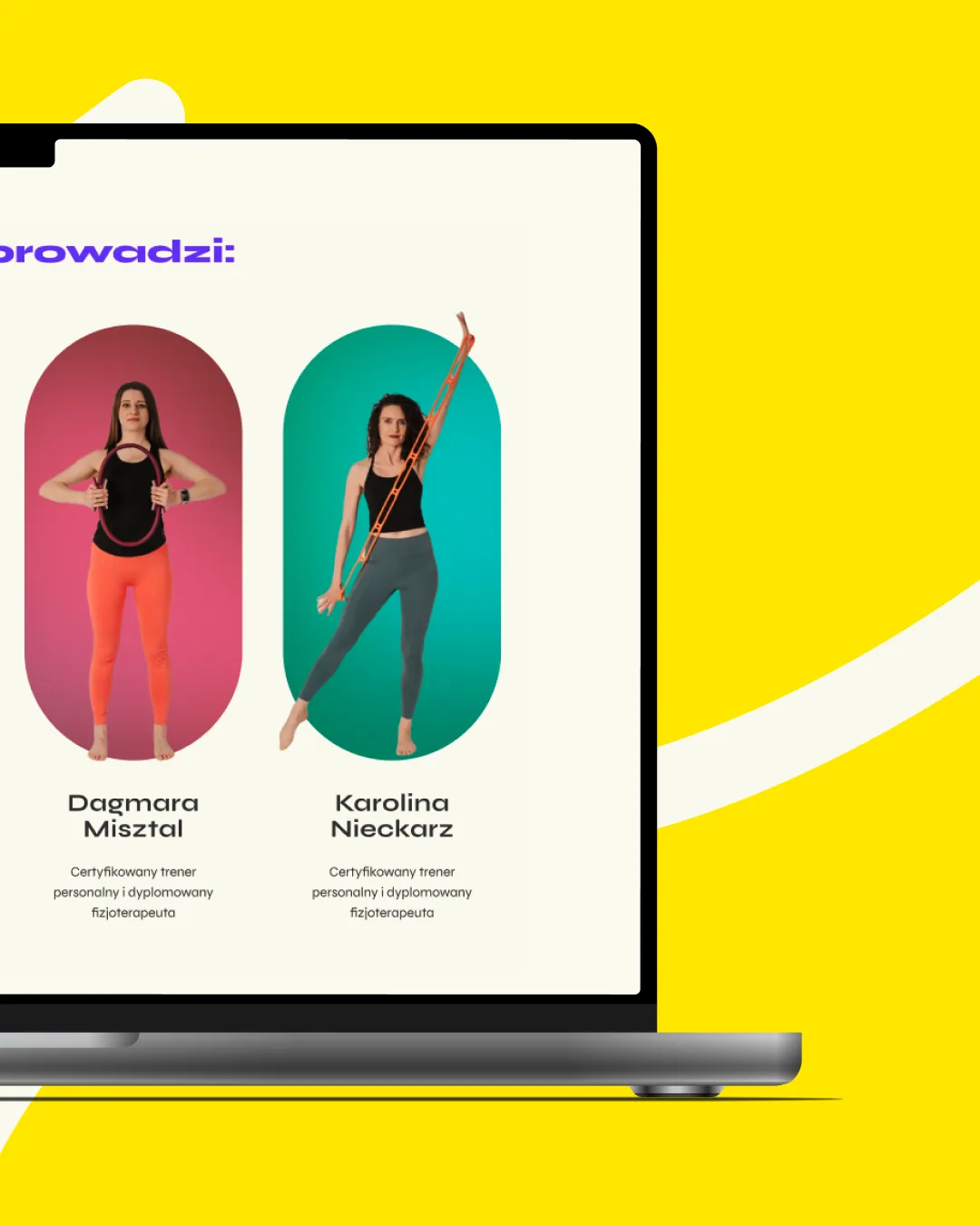 Website von Pila Pila Pilates House mit Trainerinnen in bunten Kapselrahmen auf einem Laptop