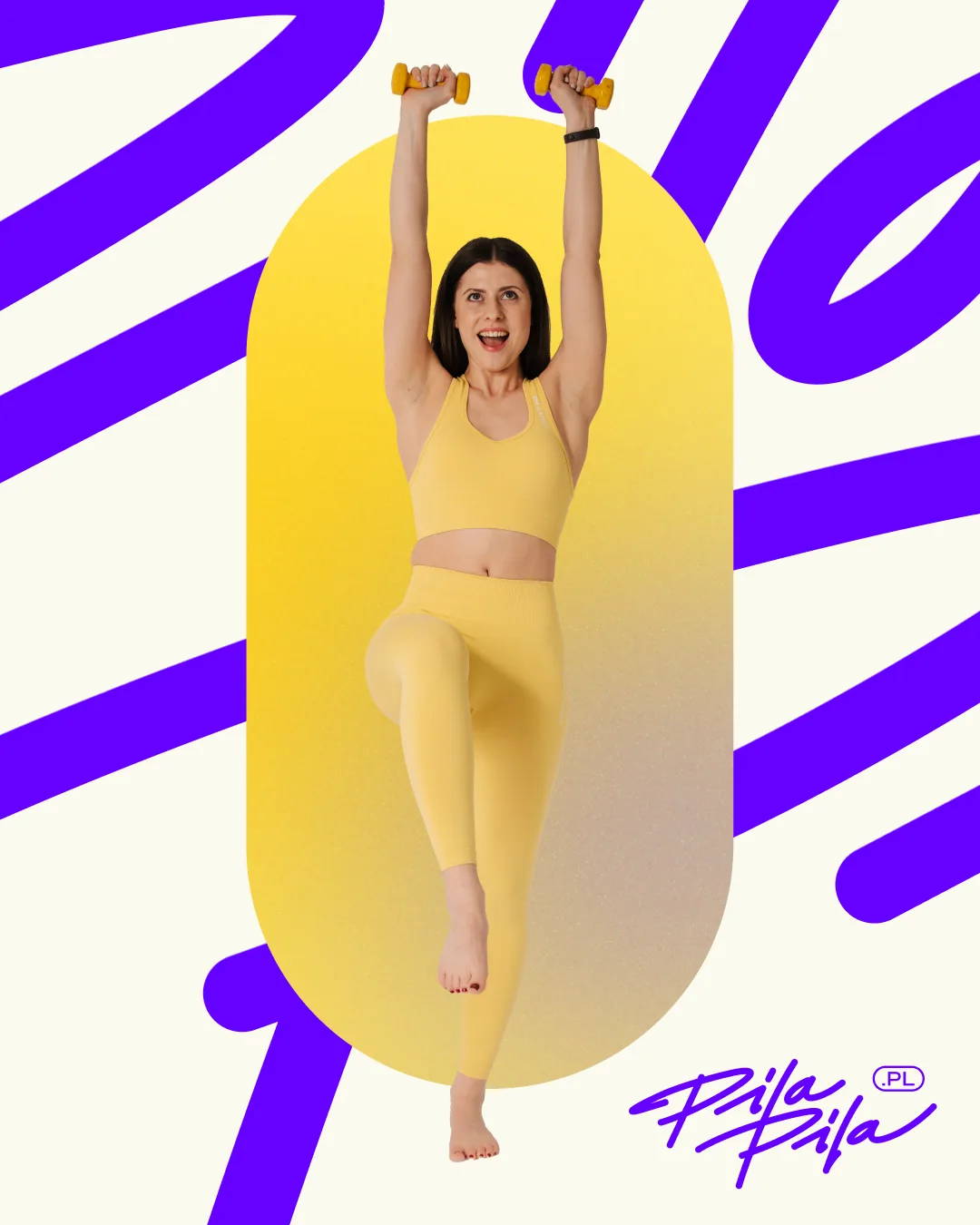 Trainerin von Pila Pila mit Hanteln in einer gelben Kapsel auf einem violetten Key Visual mit Pinselstrichen
