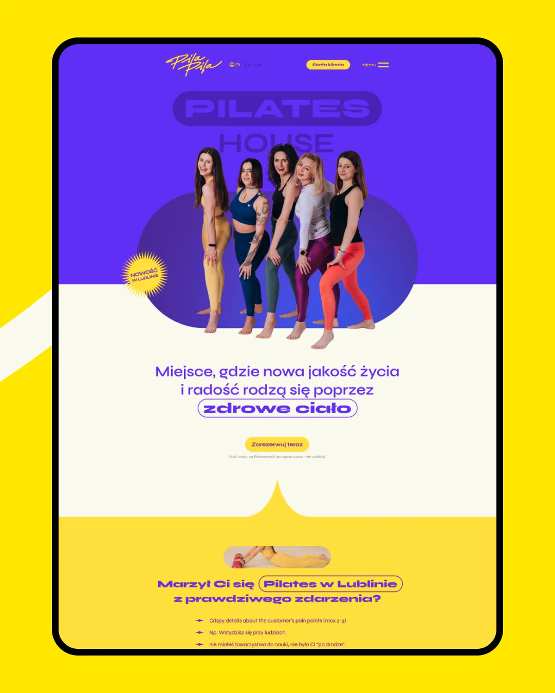 Startseiten-Design der Website von Pila Pila Pilates House mit Teamfoto und Buchungsbutton