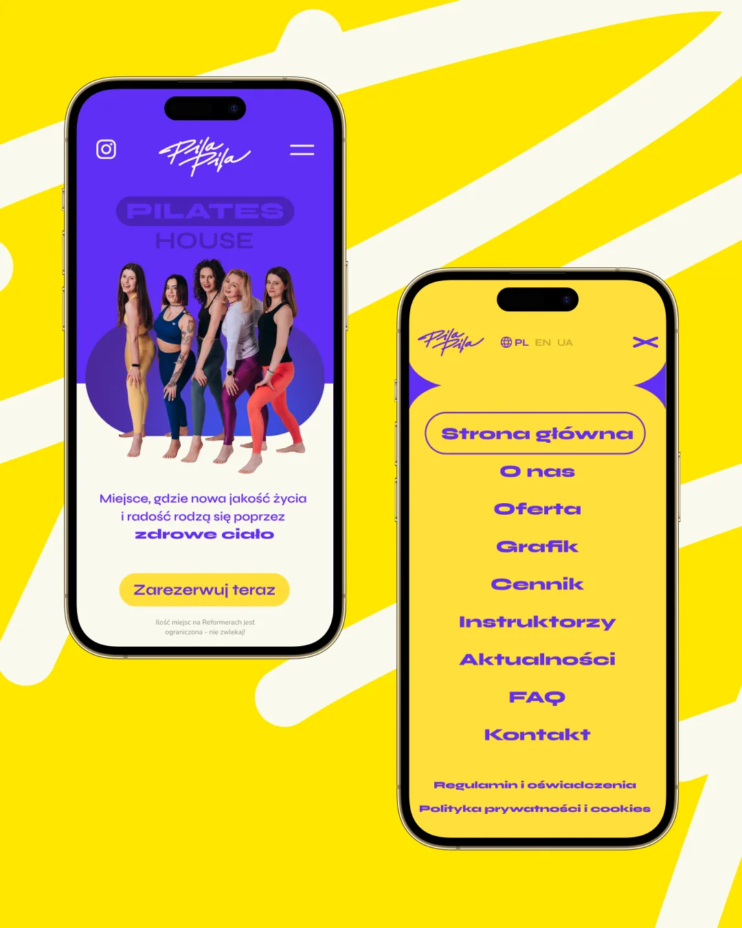 Mobile Website von Pila Pila Pilates House mit Startseite und Navigationsmenü auf zwei Smartphones