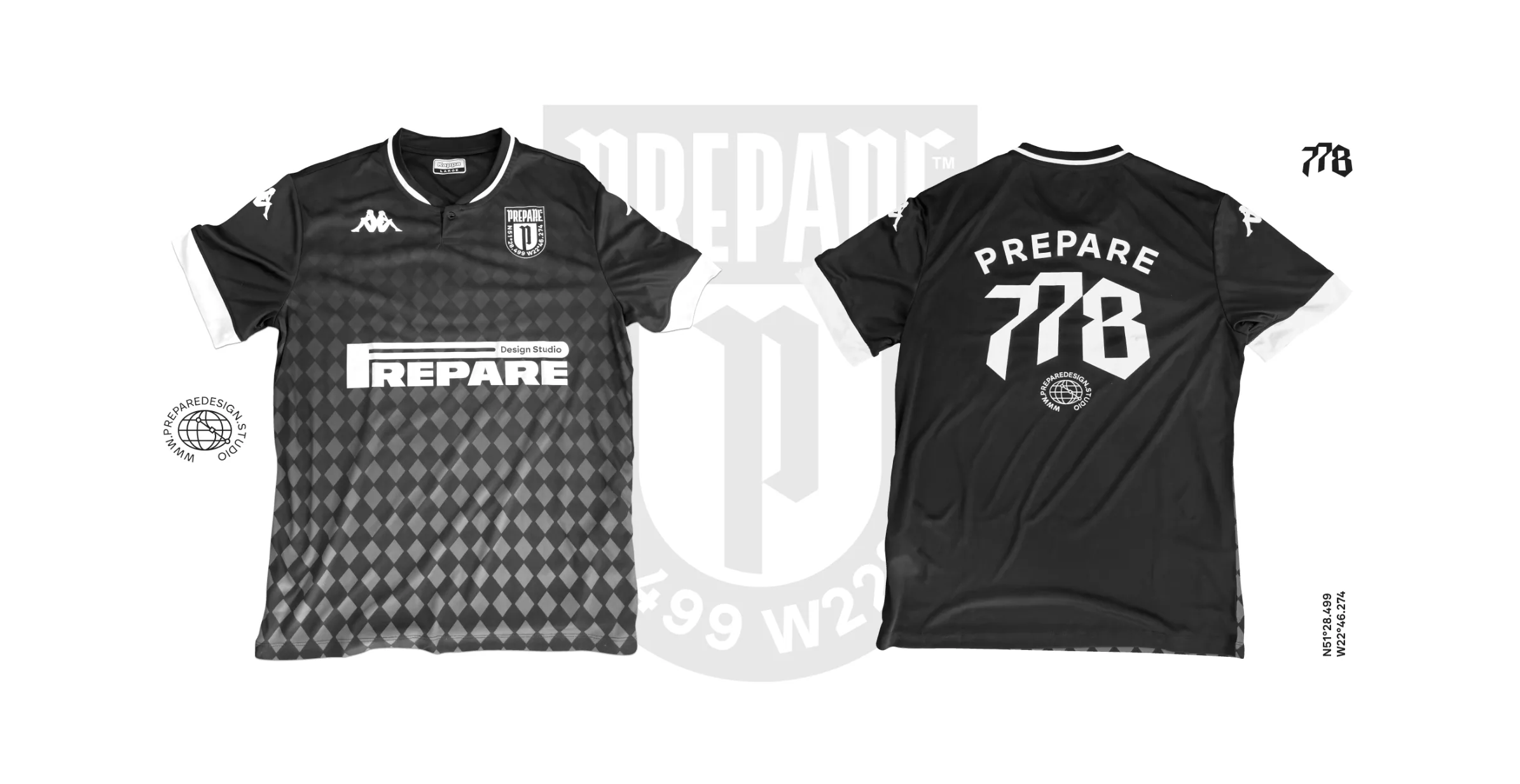 Design des PREPARE-Fußballtrikots, Vorder- und Rückseite mit der Nummer 778 und Rautenmuster