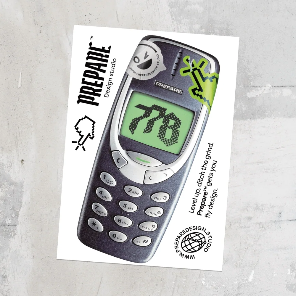 Stickerkarte von PREPARE Design studio mit Retro-Handy-Illustration und Pixel-Icons