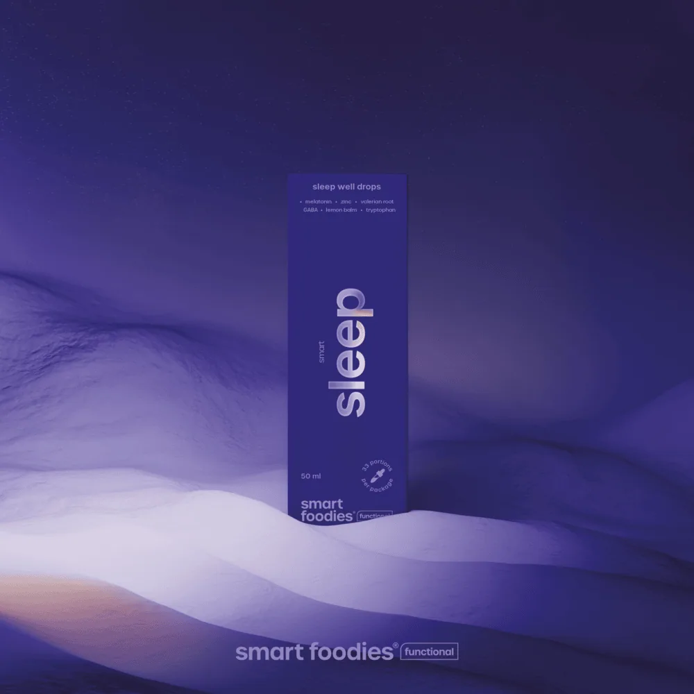 Verpackung der Tropfen Smart Sleep von Smartfoodies Functional vor einem sanften violetten Nachthintergrund