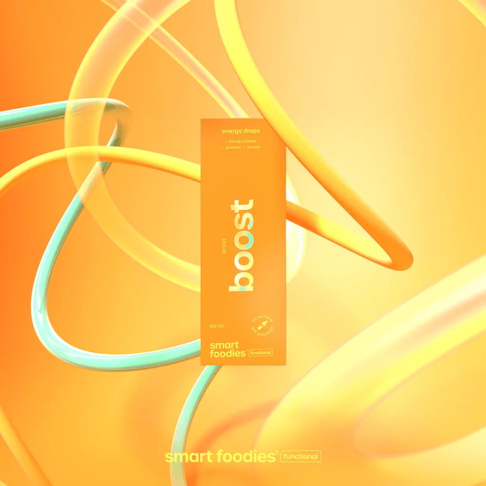 Schachtel der Energietropfen Smart Boost von Smartfoodies Functional zwischen glänzenden orangefarbenen 3D-Bändern