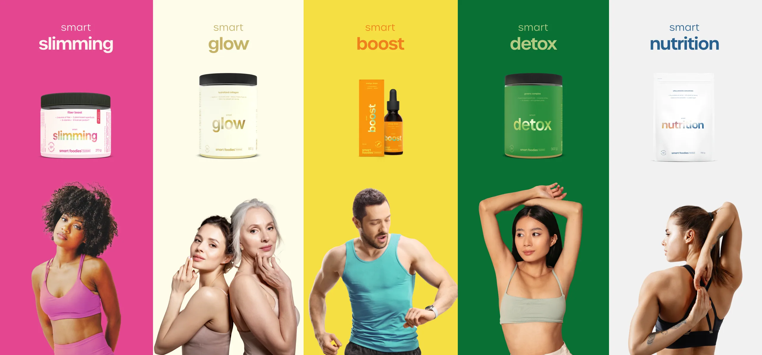 Produktlinie von Smartfoodies Functional: fünf farbcodierte Supplements mit Models