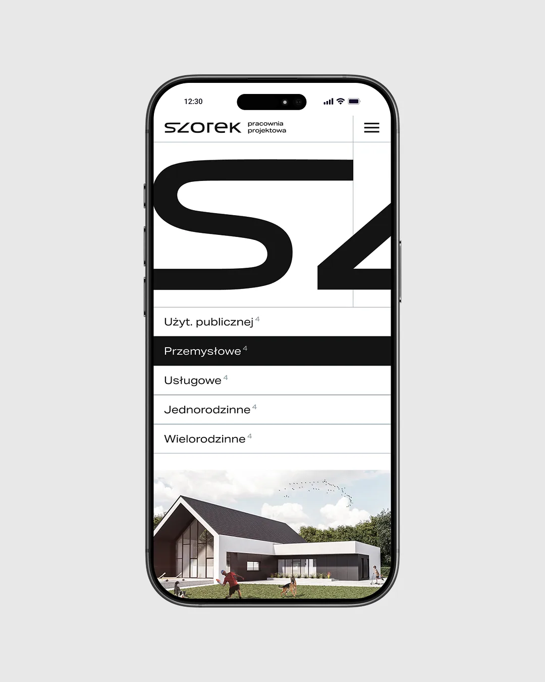 Mobile Website des Architekturbüros SZOREK mit Menü und Hausprojekt auf einem Smartphone