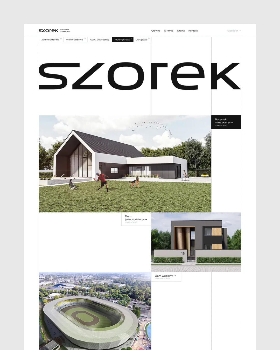 Startseite der Website des Architekturbüros SZOREK mit Projektraster und Gebäudevisualisierungen