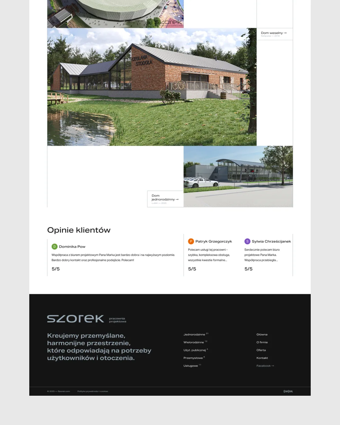 Website von SZOREK: Bereich mit Kundenstimmen und dunkler Footer mit Claim